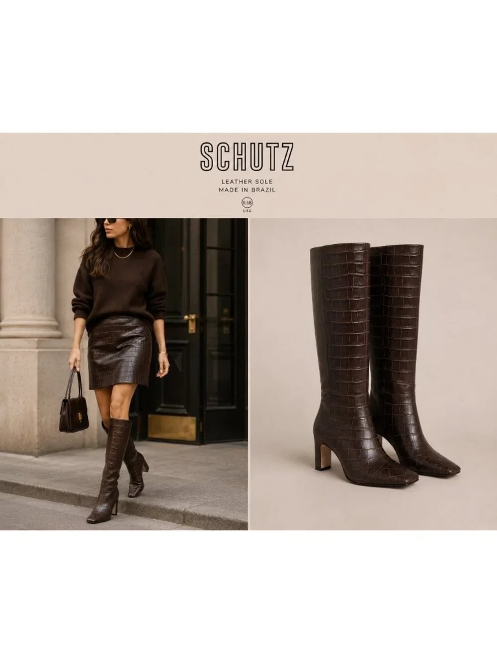 SCHUTZ Brown Croc Embossed Leather Knee High Boots Square Toe 6.5B Brazil